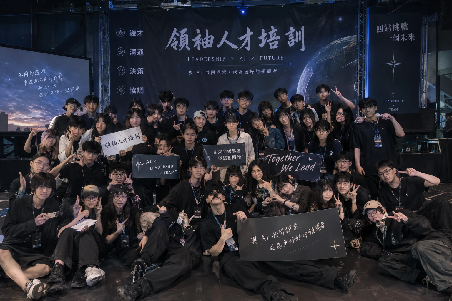 學員們在「領袖人才培訓」主背板前合影，手持「Together We Lead」「未來的領導者 從這裡開始」等標語